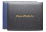 blue and black leatherette diploma cases with gold imprinting